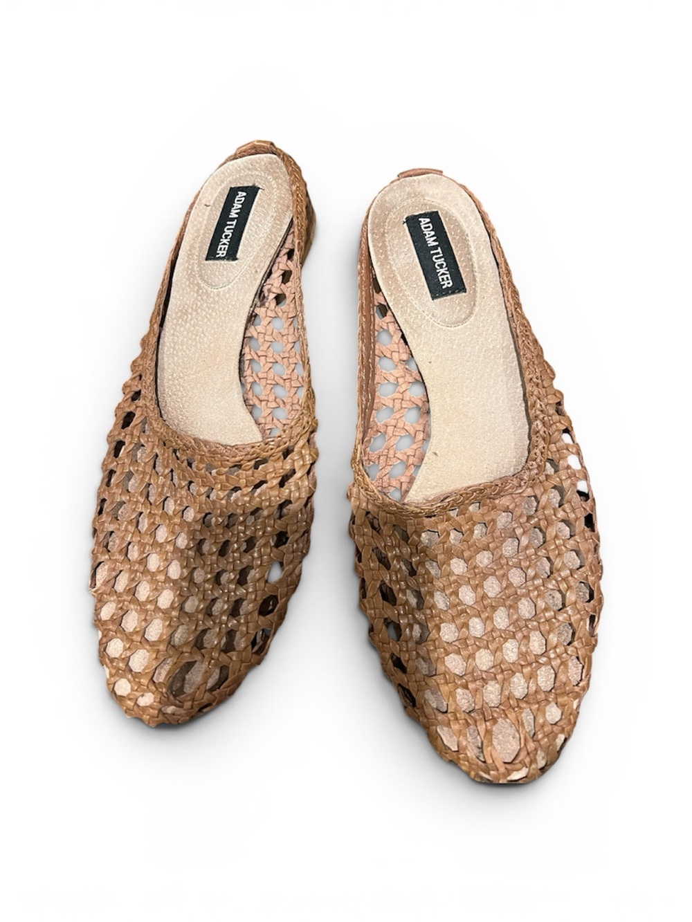 Adam Tucker Woven Open-Weave Slip-On Mules in Tan